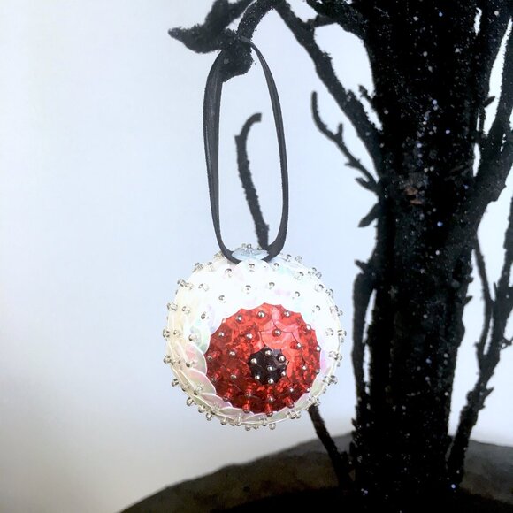 Christmas Eyeball Ornament Glam Sparkle Sequin Beaded Halloween OOAK Red Curio - Picture 6 of 9
